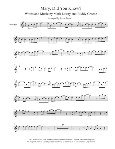 Free Sheet Music Mary Did You Know Tenor Sax