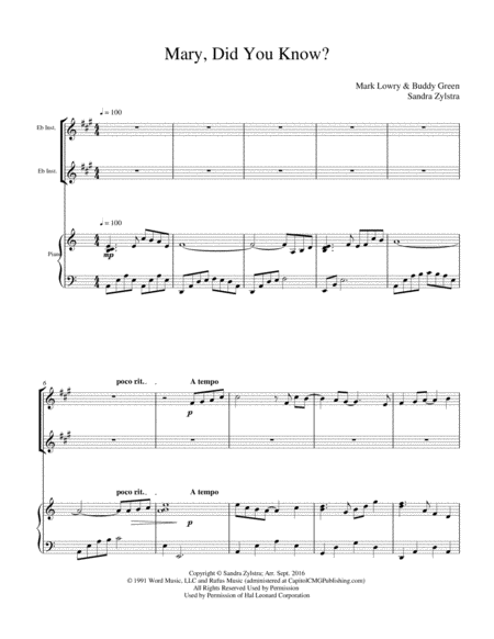 Free Sheet Music Mary Did You Know Treble Eb Instrument Duet