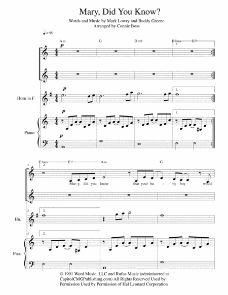 Free Sheet Music Mary Did You Know Trio Part French Horn In F And Piano