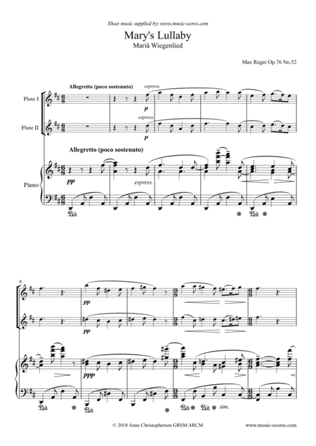 Free Sheet Music Marys Lullaby Or Maria Wiegenlied 2 Flutes And Piano
