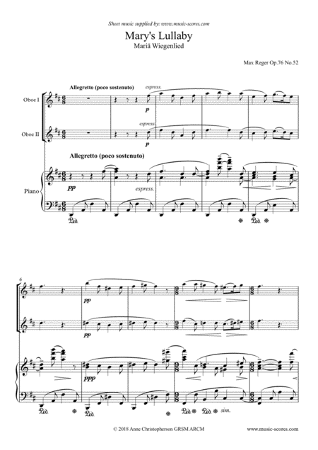 Free Sheet Music Marys Lullaby Or Maria Wiegenlied 2 Oboes And Piano