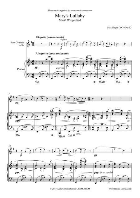 Free Sheet Music Marys Lullaby Or Maria Wiegenlied Bass Clarinet And Piano