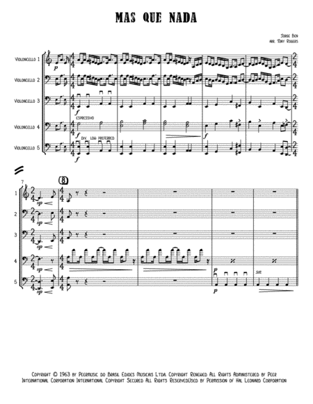 Mas Que Nada By Jorge Ben For Cello Choir Or 5 Cellos Sheet Music