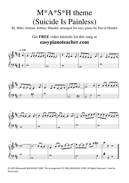 Mash M As H Tv Theme Suicide Is Painless Very Easy Piano Sheet Music