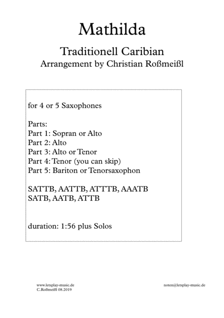 Free Sheet Music Matilda With 4 Or 5 Saxophons