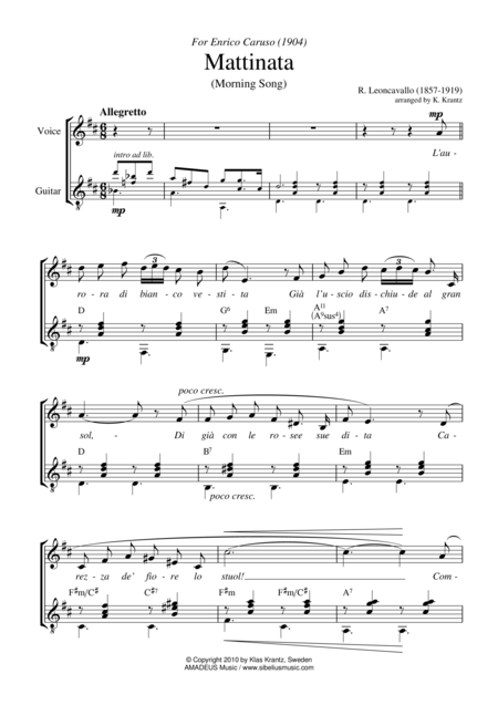 Mattinata For Voice And Guitar D Major Sheet Music