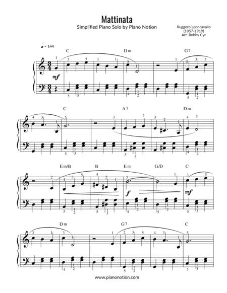 Mattinata Leoncavallo Simplified Piano Solo Sheet Music