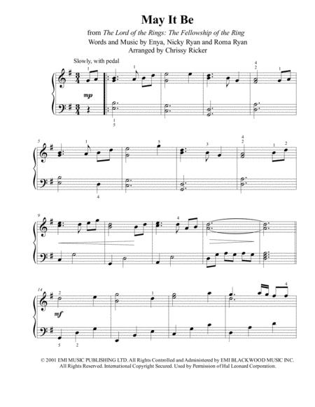 Free Sheet Music May It Be From The Lord Of The Rings The Fellowship Of The Ring Easy Piano