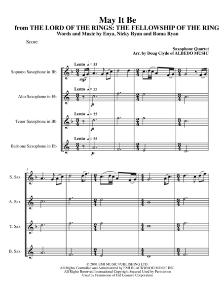 Free Sheet Music May It Be From The Lord Of The Rings The Fellowship Of The Ring For Saxophone Quartet