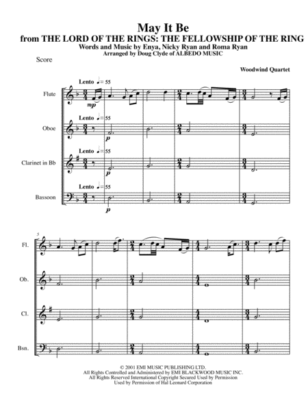 Free Sheet Music May It Be From The Lord Of The Rings The Fellowship Of The Ring For Woodwind Quartet