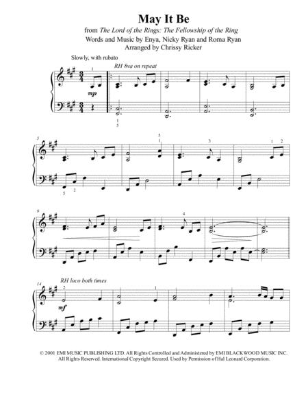 May It Be From The Lord Of The Rings The Fellowship Of The Ring Intermediate Piano Sheet Music