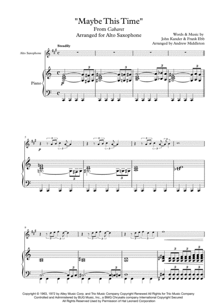 Maybe This Time Arranged For Alto Saxophone And Piano Sheet Music