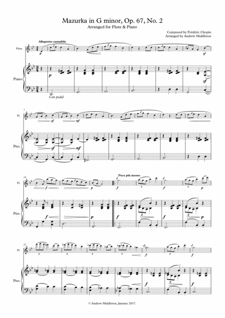 Free Sheet Music Mazurka In G Minor Op 67 No 2 For Flute Piano