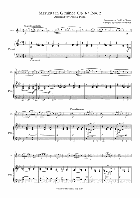 Mazurka In G Minor Op 67 No 2 For Oboe And Piano Sheet Music