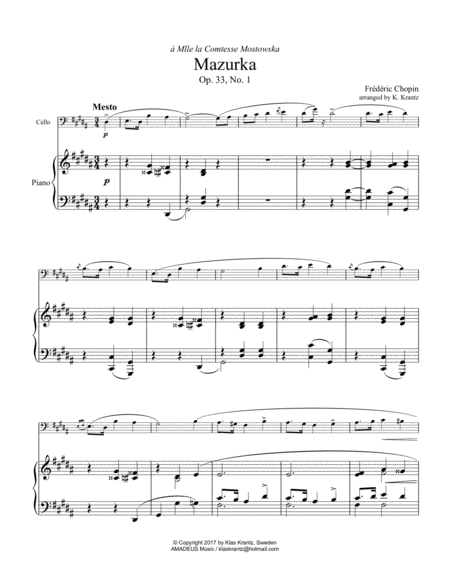 Free Sheet Music Mazurka Mesto Op 33 No 1 For Cello And Piano