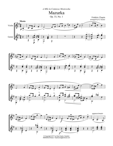 Mazurka Mesto Op 33 No 1 For Violin And Guitar Sheet Music