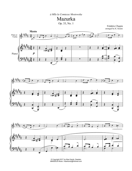 Mazurka Mesto Op 33 No 1 For Violin Flute And Piano Sheet Music