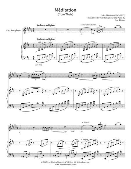 Mditation From Thas By Jules Massenet For Alto Saxophone And Piano Sheet Music