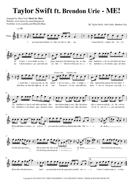 Free Sheet Music Me Ft Brendon Urie Flute