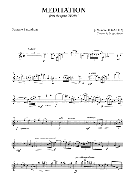 Free Sheet Music Meditation From Thais For Soprano Saxophone And Piano