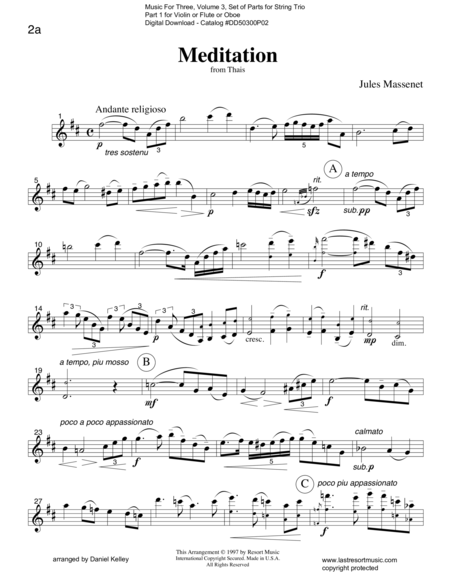 Meditation From Thais For String Trio Or Wind Trio Sheet Music