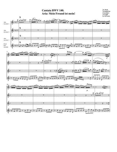 Mein Freund Ist Mein From Cantata Bwv 140 Arrangement For 4 Recorders Sheet Music