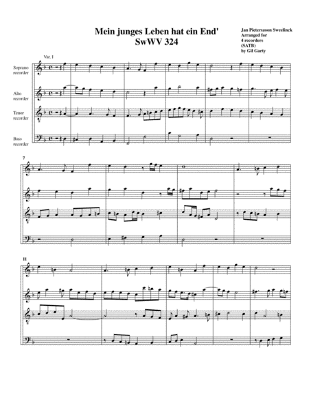 Mein Junges Leben Hat Ein End Swwv 324 Arrangement For 4 Recorders Sheet Music