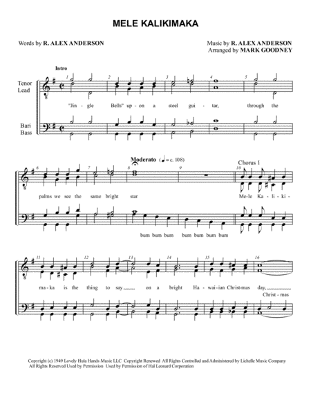 Mele Kalikimaka Barbershop Men Ttbb Chorus Quartet Sheet Music