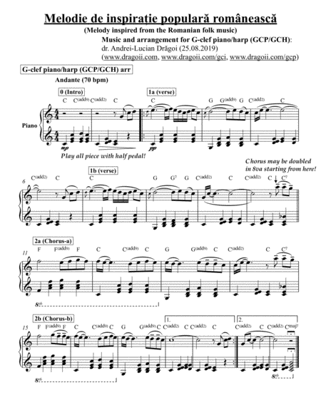Free Sheet Music Melodie De Inspira Ie Popular Romneasc Melody Inspired From The Romanian Folk Music For G Clef Pian Harp Gcp Gch In C Major Score And Lead Sheet