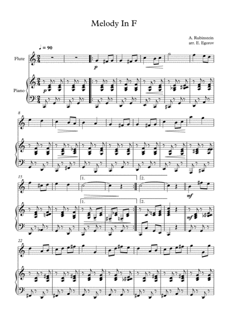 Free Sheet Music Melody In F Anton Rubinstein For Flute Piano