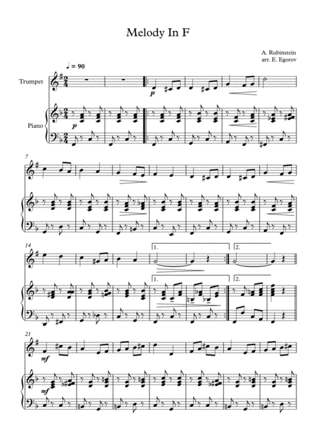 Melody In F Anton Rubinstein For Trumpet Piano Sheet Music