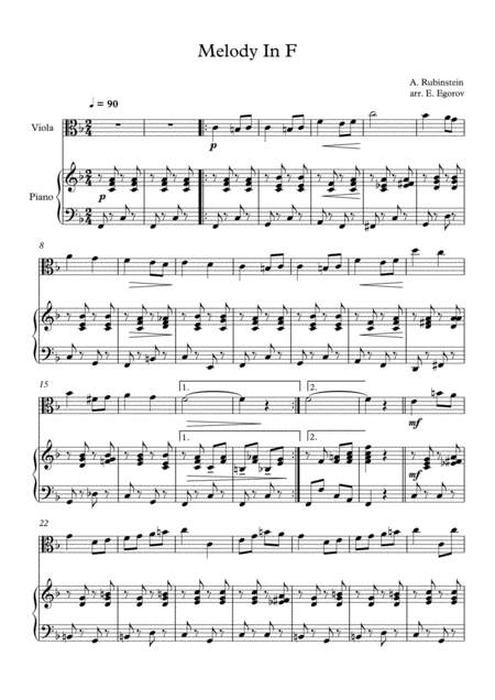 Free Sheet Music Melody In F Anton Rubinstein For Viola Piano