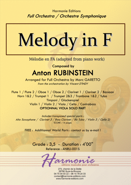 Melody In F For Full Orchestra Anton Rubinstein Vincent D Indy Marc Garetto Sheet Music