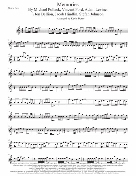 Memories Easy Key Of C Tenor Sax Sheet Music