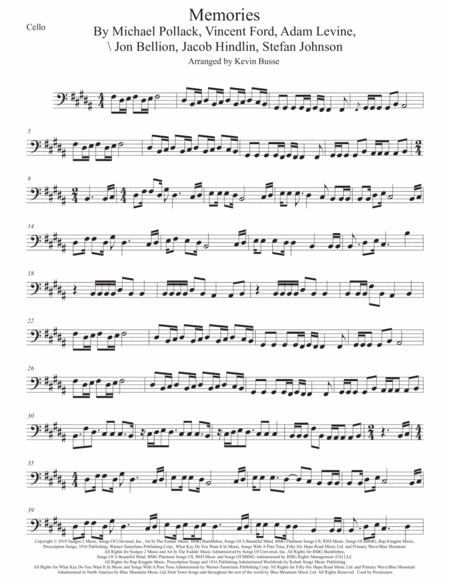 Memories Original Key Cello Sheet Music