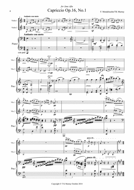 Mendelssohn Capriccio Op16 No1 2 Violins Violin Duo Violin Group Sheet Music