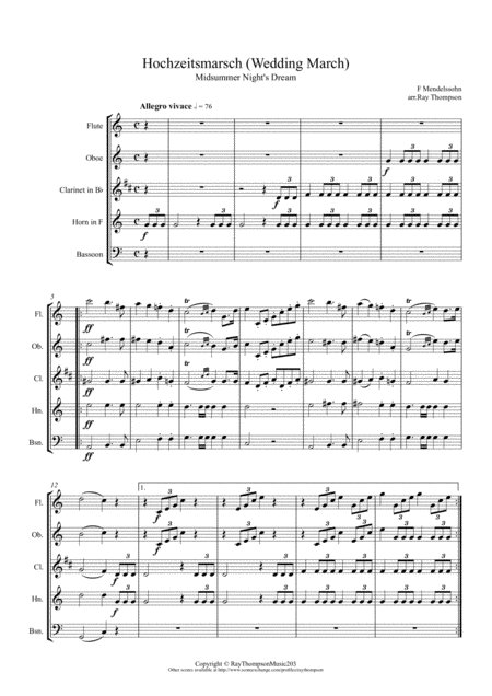 Free Sheet Music Mendelssohn Incidental Music From A Midsummer Nights Dream Op 61 9 Hochzeitsmarsch Wedding March Wind Quintet