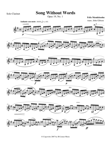 Mendelssohn Song Without Words For Clarinet Unaccompanied Sheet Music