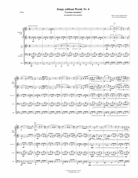 Mendelssohn Songs Without Words No 6 Arranged For Brass Quintet Sheet Music