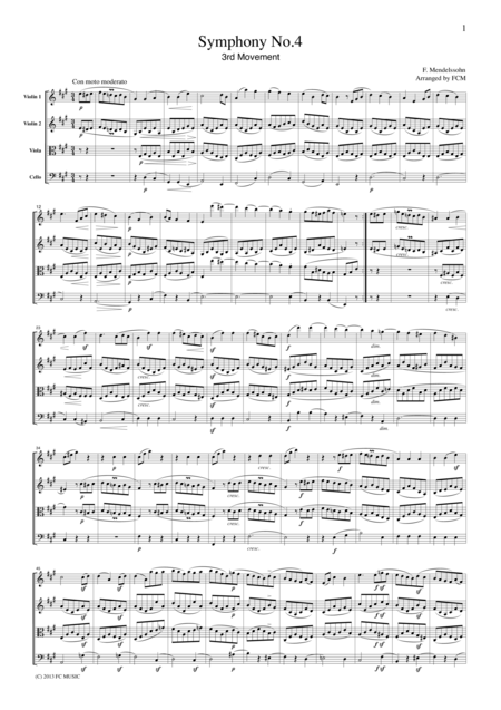 Mendelssohn Symphony No 4 3rd Mvt For String Quartet Cm204 Sheet Music