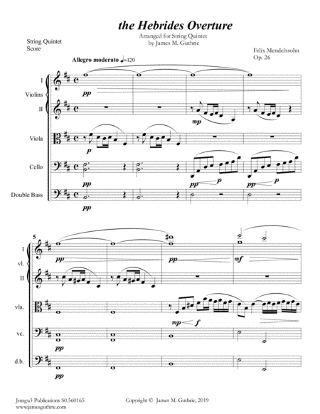 Mendelssohn The Hebrides Overture For String Quintet Sheet Music