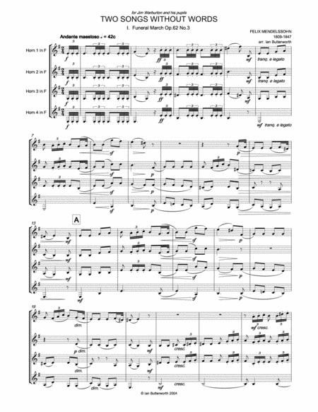 Mendelssohn Two Songs Without Words Op 62 For Horn Quartet Sheet Music