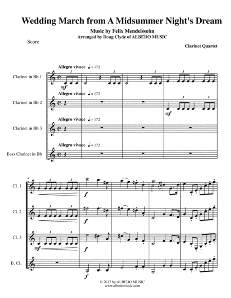 Mendelssohn Wedding March From A Midsummer Nights Dream For Clarinet Quartet Sheet Music