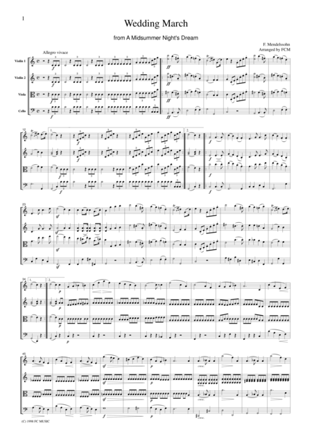 Mendelssohn Wedding March From A Midsummer Nights Dream For String Quartet Cm201 Sheet Music