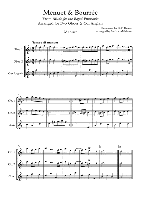Free Sheet Music Menuet Bourre Arranged For Two Oboes And Cor Anglais