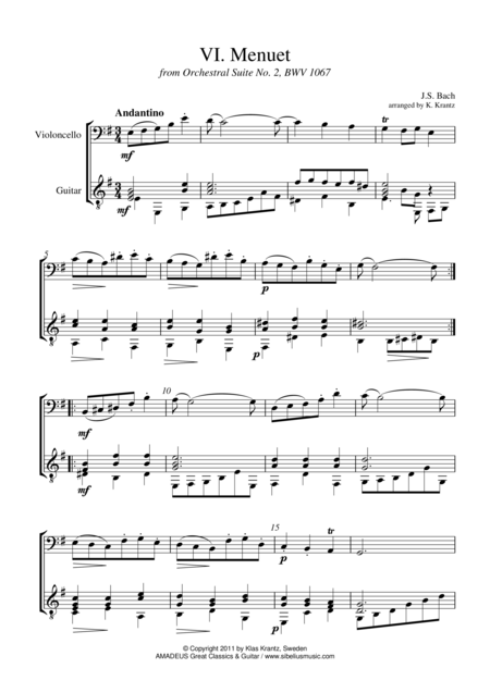 Free Sheet Music Menuet From Suite No 2 Bwv 1067 For Cello And Guitar