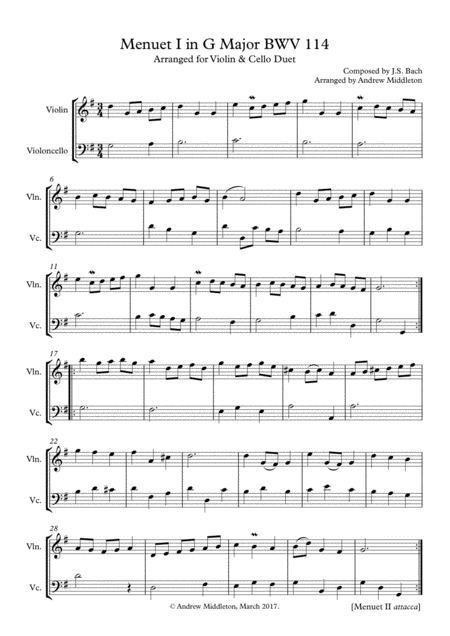 Menuet In G Bvw 114 For Violin And Cello Duet Sheet Music