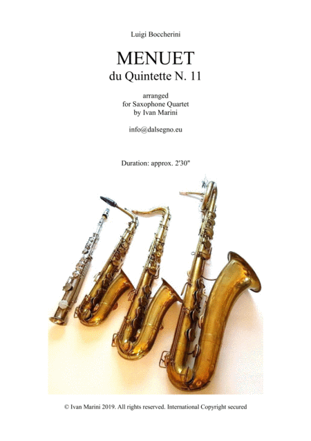 Menuet Or Minuet By Boccherini For Saxophone Quartet Sheet Music