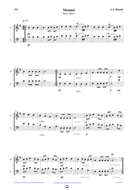 Free Sheet Music Menuet Water Music Easy Brass Duet Nb 6 F C