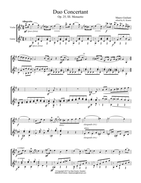 Free Sheet Music Menuetto Iii From Op 25 For Violin And Guitar